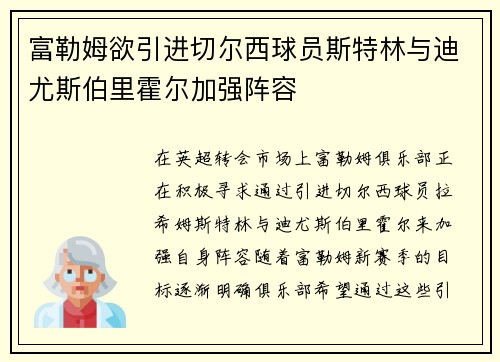 富勒姆欲引进切尔西球员斯特林与迪尤斯伯里霍尔加强阵容