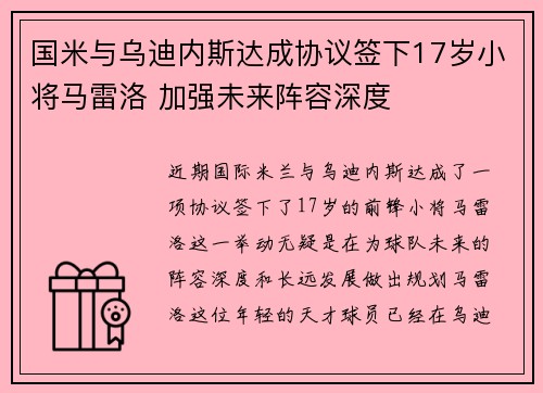 国米与乌迪内斯达成协议签下17岁小将马雷洛 加强未来阵容深度
