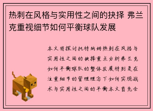 热刺在风格与实用性之间的抉择 弗兰克重视细节如何平衡球队发展