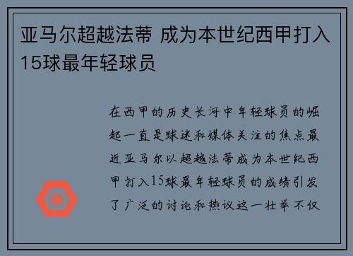亚马尔超越法蒂 成为本世纪西甲打入15球最年轻球员