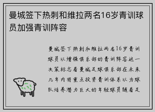 曼城签下热刺和维拉两名16岁青训球员加强青训阵容