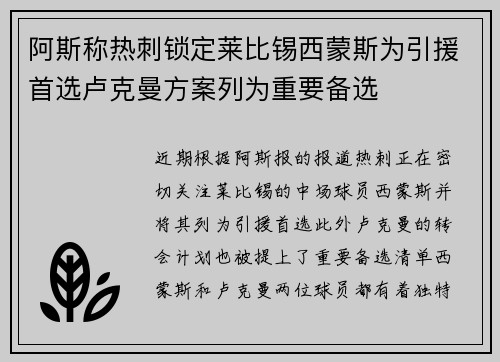阿斯称热刺锁定莱比锡西蒙斯为引援首选卢克曼方案列为重要备选